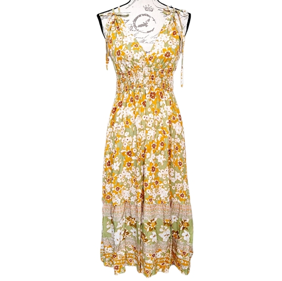 Boutique Dresses & Skirts - Boho midi dress white yellow floral flowy casual open back midi summer